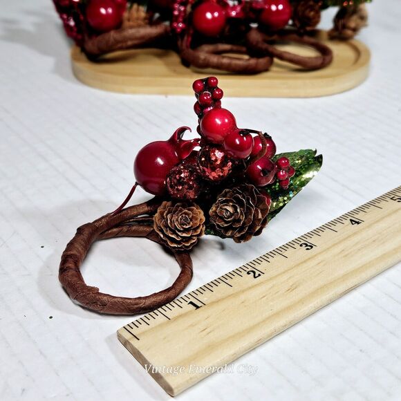 Vtg Pines Berries Twing Cranberry Pinecone Leafs 5 Napking Candle Rings Handmade - Picture 10 of 13
